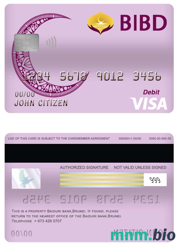 Brunei Baiduri Bank karta visa debet karta przykład w formacie PSD